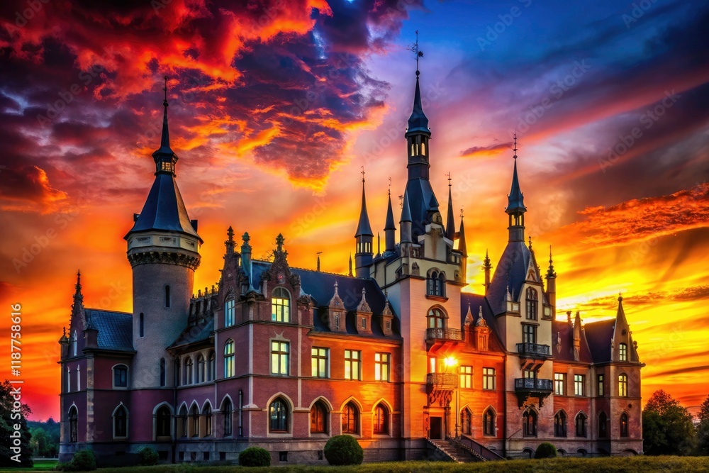 Fototapeta premium Neo-Gothic elegance: Olecko's Starosty Poviat, silhouetted against the May 1897 sky.