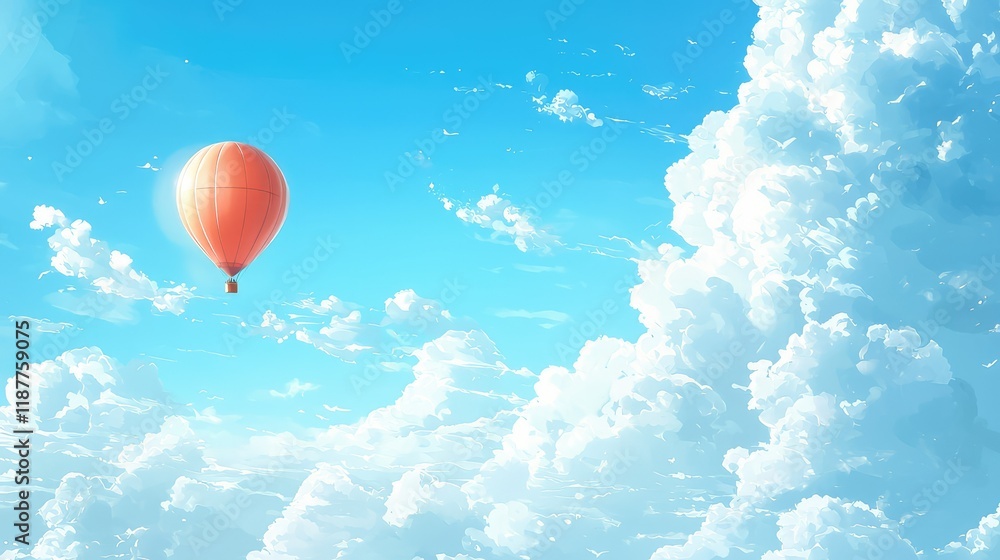 Fototapeta premium Vibrant Hot Air Balloon Floating in Bright Blue Sky with Clouds