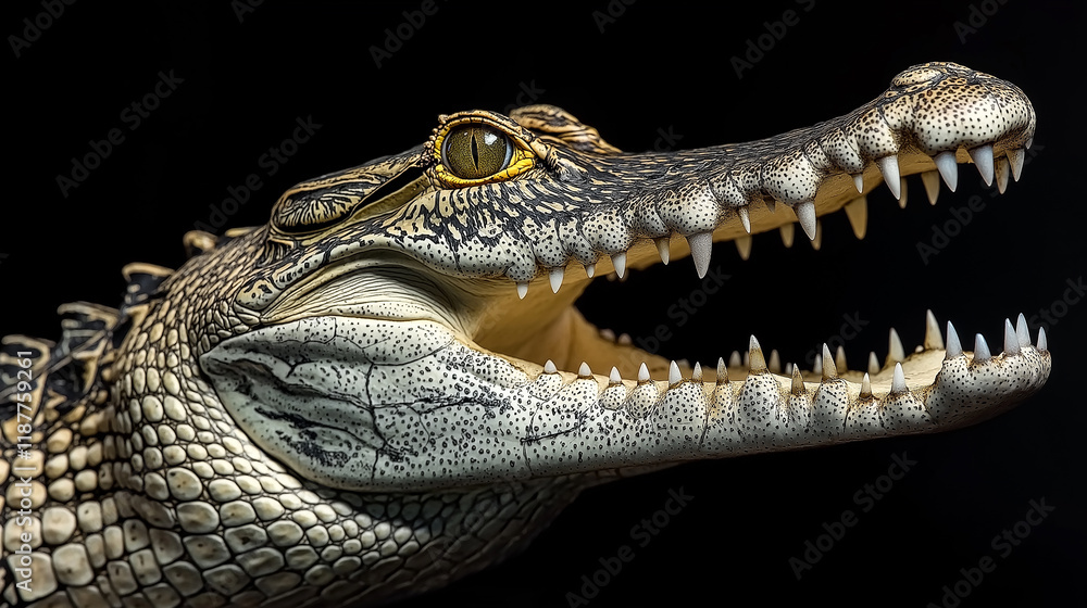Crocodile opening mouth showing teeth on black background Crocodile opening mouth showing teeth on black background