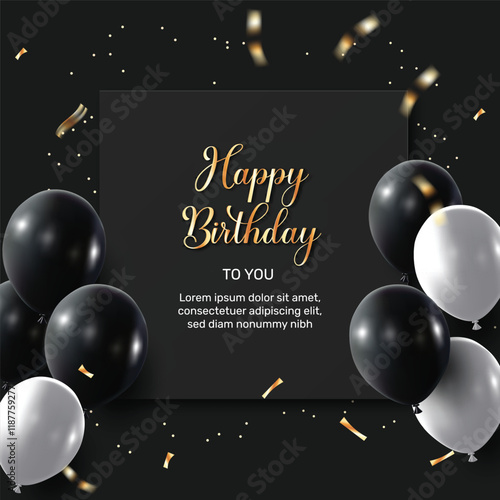 happy birthday background, realistic vector illustration with flying balloons and confetti