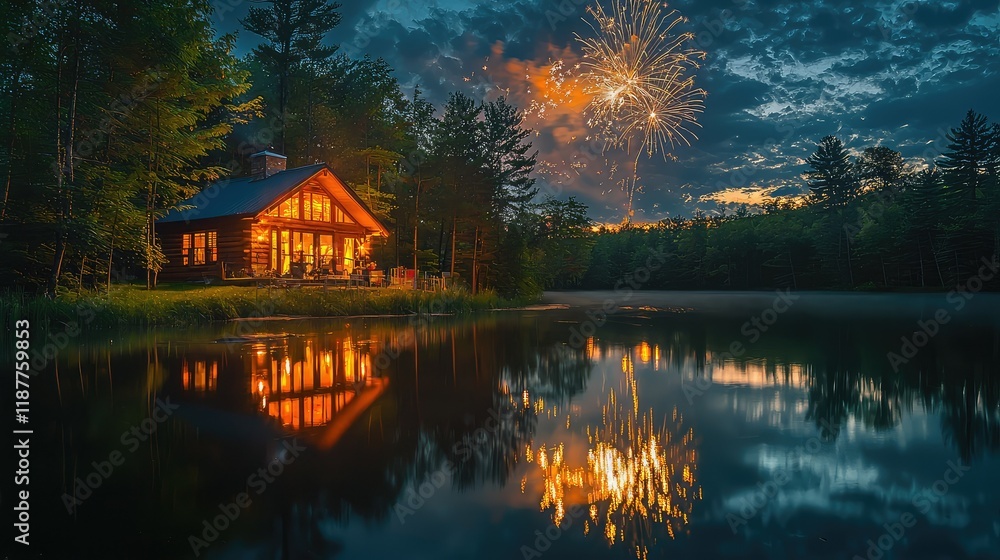 Fototapeta premium Tranquil Lakeside Cabin with Fireworks Display at Dusk