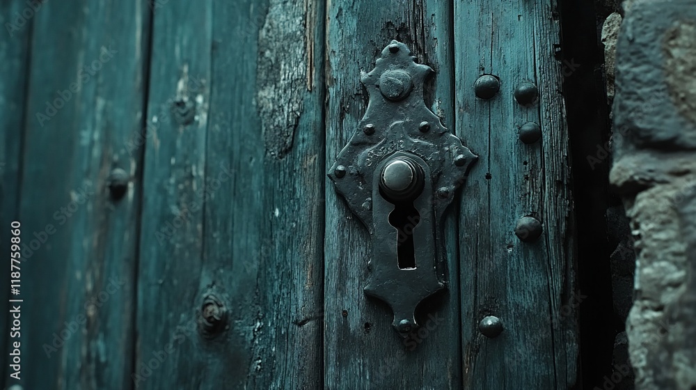 Old keyhole, weathered wood door, stone wall background Old keyhole, weathered wood door, stone wall background