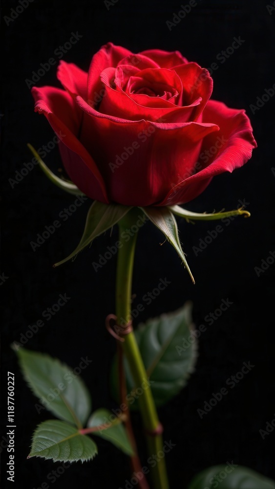 A stunning red rose stands tall with its vibrant petals unfurled. The dark background enhances its beauty, while soft light highlights intricate details and lush green leaves at the base. A stunning red rose stands tall with its vibrant petals unfurled. The dark background enhances its beauty, while soft light highlights intricate details and lush green leaves at the base.