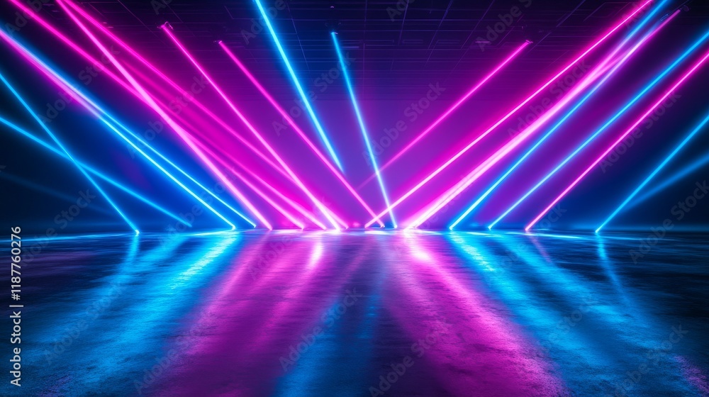 Fototapeta premium 86.A dynamic 3D neon background featuring intersecting light beams in vibrant colors of blue, pink, and purple, forming a grid-like structure. The sleek, reflective surface below mirrors the glowing