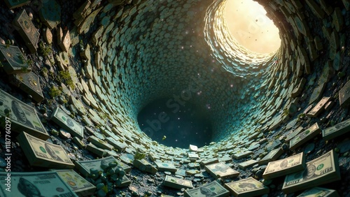 A deep, circular pit is lined with scattered currency notes and shining coins. Above, a warm light streams down from the opening, contrasting with the dark, textured walls of the pit. photo