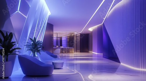 71.A glowing light corridor with sharp, geometric lines and a modern minimal design. The environment is illuminated by linear neon lights in shades of blue and purple, creating a sense of infinite