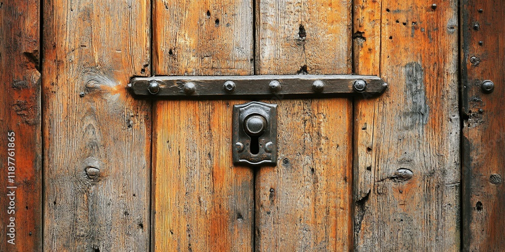 Old wooden door, metal latch, rustic texture. Background weathered wood. Use design, texture Old wooden door, metal latch, rustic texture. Background weathered wood. Use design, texture