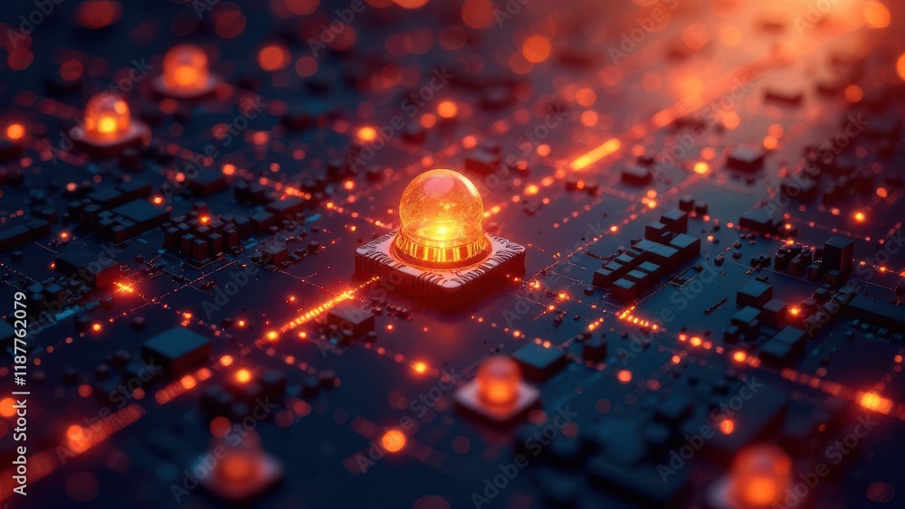 Bright orange lights emanate from circuit boards set in a complex pattern. The glowing elements create a visually stunning contrast against the dark background, highlighting technological beauty. Bright orange lights emanate from circuit boards set in a complex pattern. The glowing elements create a visually stunning contrast against the dark background, highlighting technological beauty.
