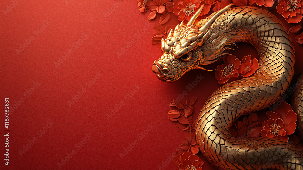 Fototapeta premium A gold dragon is on a red background