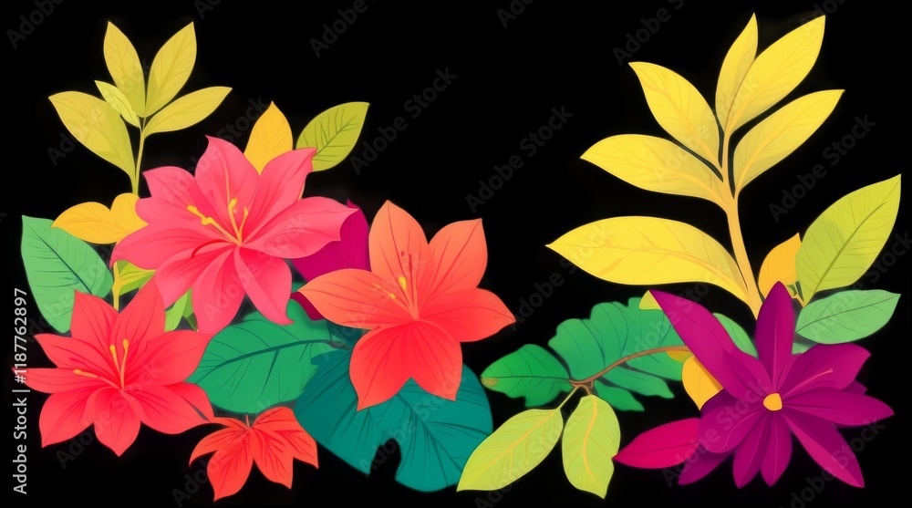 Obraz premium High Detail Vibrant Floral and Botanical Elements with Lush Greenery and Colorful Blooms