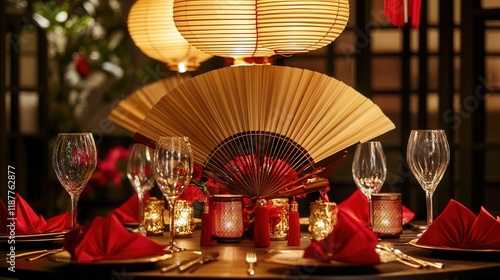 Chinese New Year table with bamboo fans, red envelopes filled with good luck charms, and elegant hanging lamps. photo