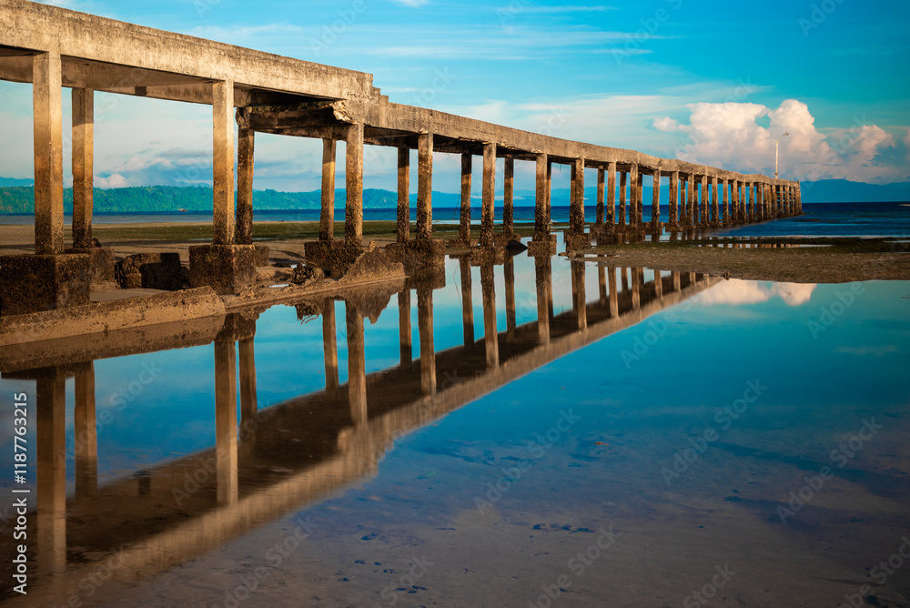 Obraz premium Bridge on a beach where the water is receding