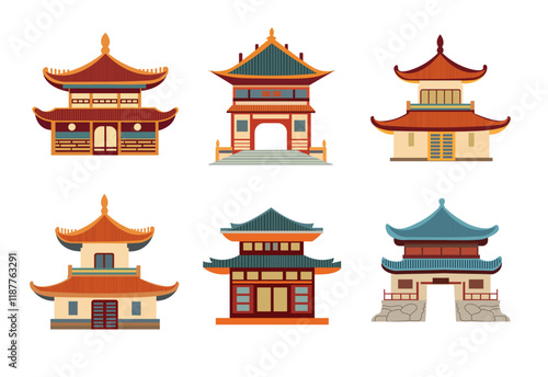 Chinese traditional buildings set, flat vector illustration, cartoon china house clip art, traditional oriental architecture, ancient asian home and gate