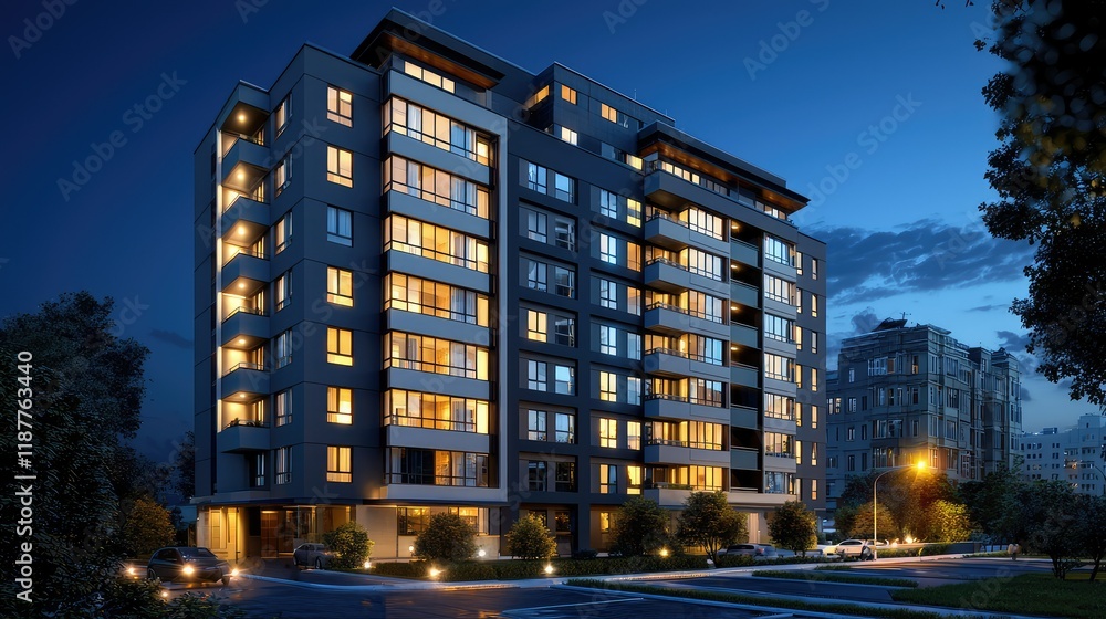 Fototapeta premium Modern Residential Building with Illuminated Windows at Dusk