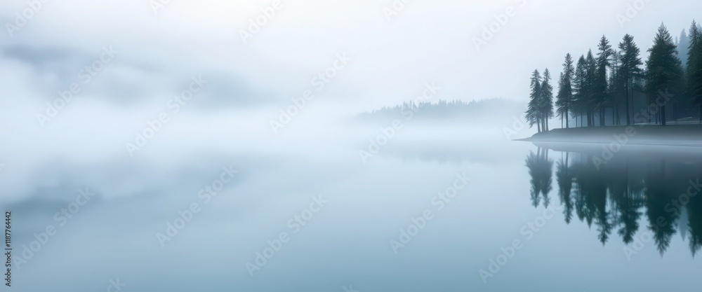 Fototapeta premium Misty Lake Shore at Dawn with Reflection