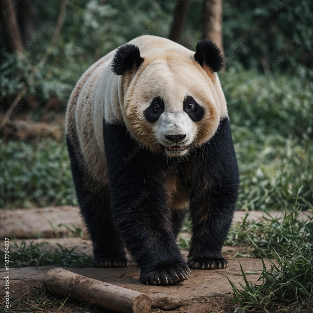 Fototapeta premium A realistic panda standing on all fours, looking straight ahead.