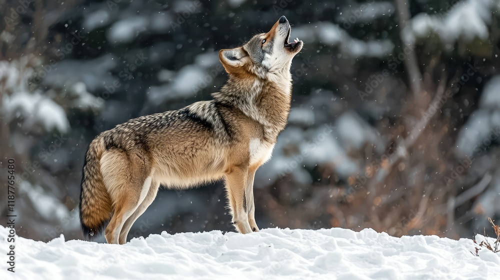 Naklejka premium Coyote Howling in Snowy Landscape During Winter Season