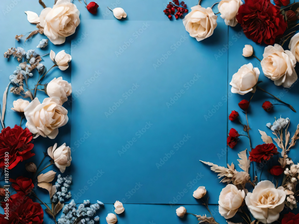 Fototapeta premium A blank paper is beautifully bordered by dried flowers.
