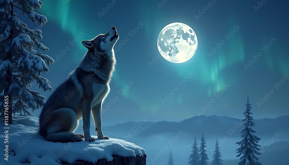 Wolf Howling at the Moon Under the Northern Lights Wolf Howling at the Moon Under the Northern Lights