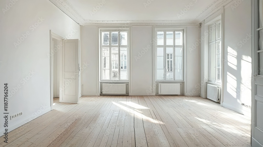 Bright and Spacious Empty Room with Large Windows and Wooden Floor Bright and Spacious Empty Room with Large Windows and Wooden Floor