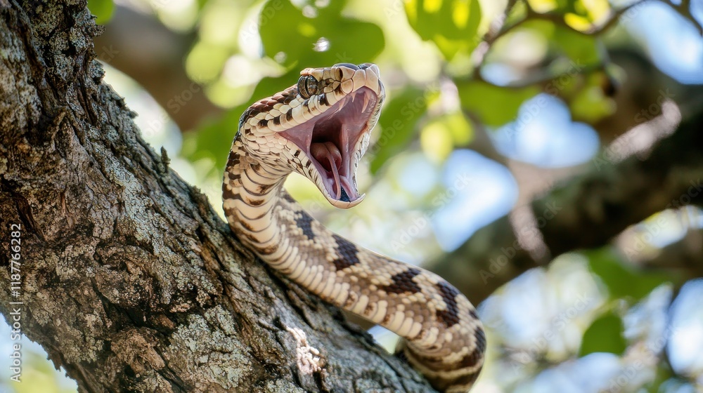 Fototapeta premium Venomous snake with open mouth on tree branch.