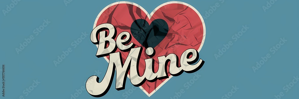 Fototapeta premium A retro-themed minimalist Valentines Day poster design with a creative touch. There's a large red heart with a white outline and a small black heart inside it. The heart is made of crumpled paper. 