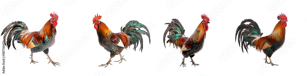 Four roosters are shown in a row, each with a different color Four roosters are shown in a row, each with a different color