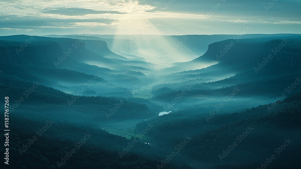 Fototapeta premium Misty sunrise over a deep valley and forest.