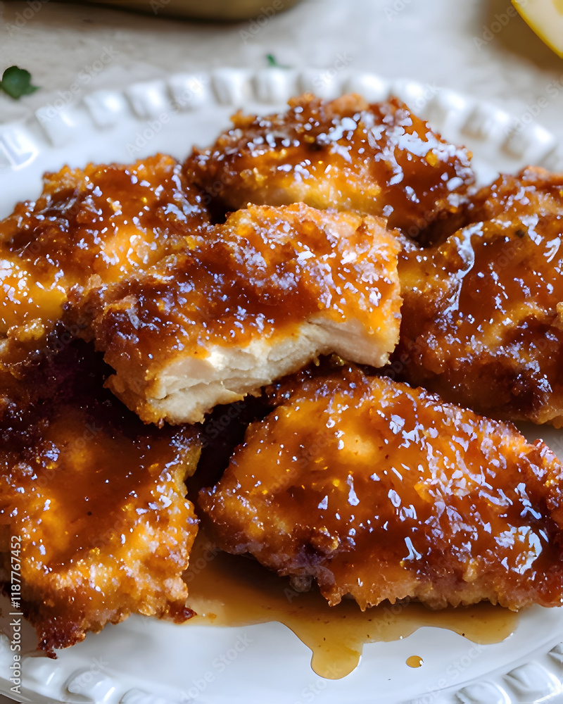 Crispy chicken pieces topped with savory glaze arranged on a white plate at a cozy dining setting. Generative AI Crispy chicken pieces topped with savory glaze arranged on a white plate at a cozy dining setting. Generative AI