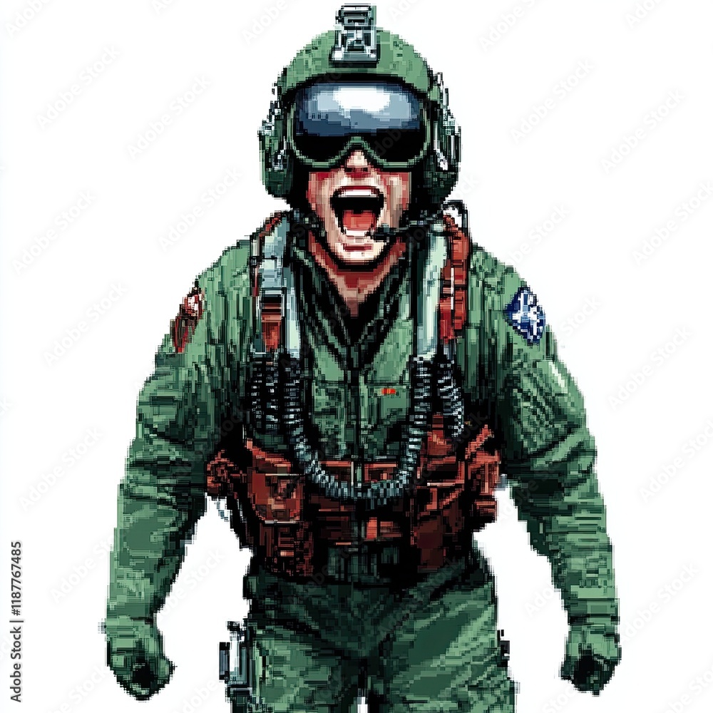 Fototapeta premium A Pixel Art Depiction Of A Yelling Fighter Pilot