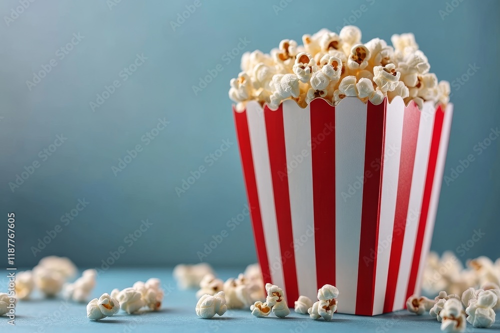 Red striped popcorn box overflowing with fluffy popcorn on blue background. Red striped popcorn box overflowing with fluffy popcorn on blue background.