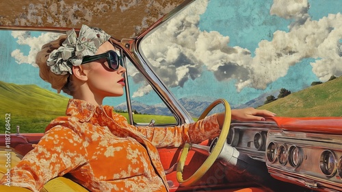 fantastical collage of a woman from the 1970s dressed in a vintage automobile, with a trip theme, vibrant colors, and a sentimental feel