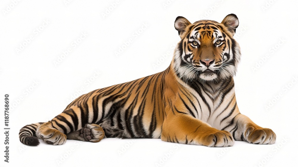 Naklejka premium Majestic Tiger Sitting Isolated on a White Background