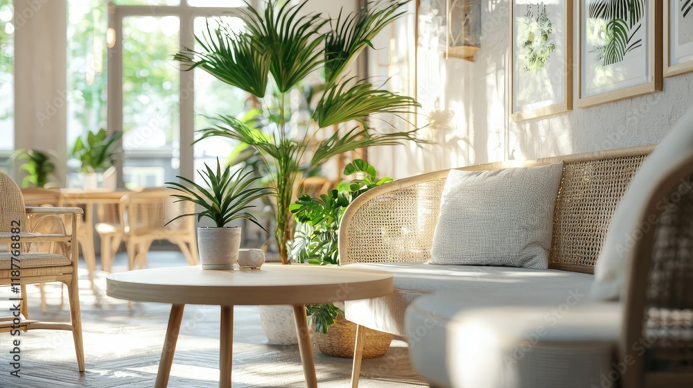 Fototapeta premium Cozy Bright Interior with Rattan Furniture and Indoor Plants