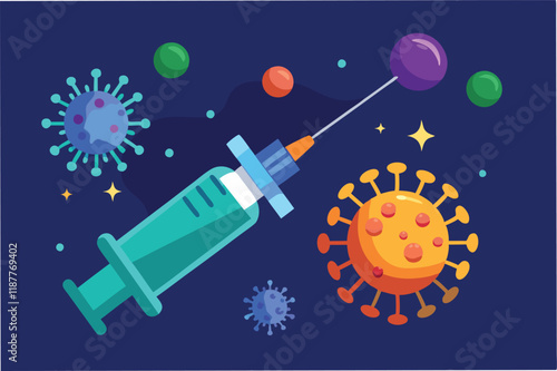 Vector animation of vaccine vial filling up, syringe drawing liquid, and injecting into glowing particle hmpv and covid virus Clipart Vector