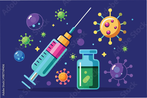 Vector animation of vaccine vial filling up, syringe drawing liquid, and injecting into glowing particle hmpv and covid virus Clipart Vector