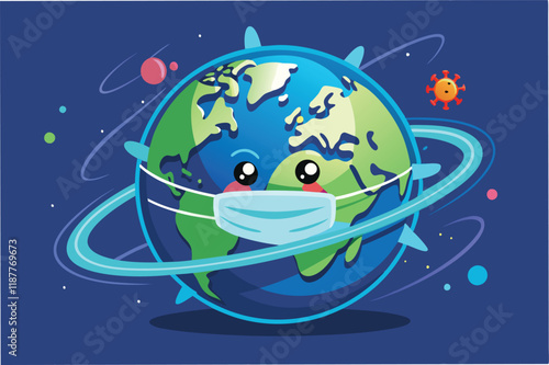 Vector animation of globe wearing face mask, spinning with hmpv and covid virus particles orbiting around, loopable design hmpv and covid virus Clipart Vector