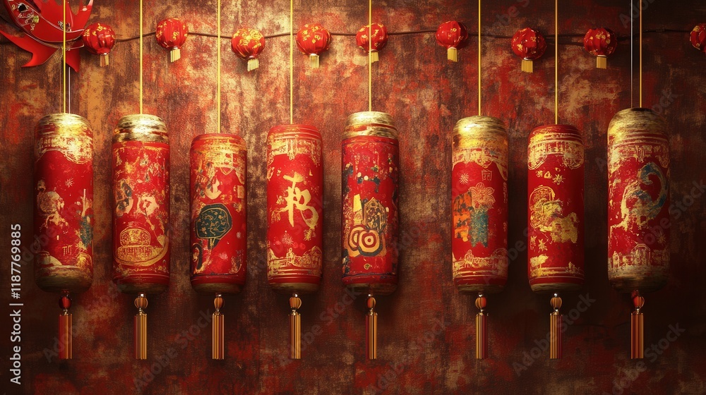 Fototapeta premium Window decals of firecrackers and festive banners with greetings.