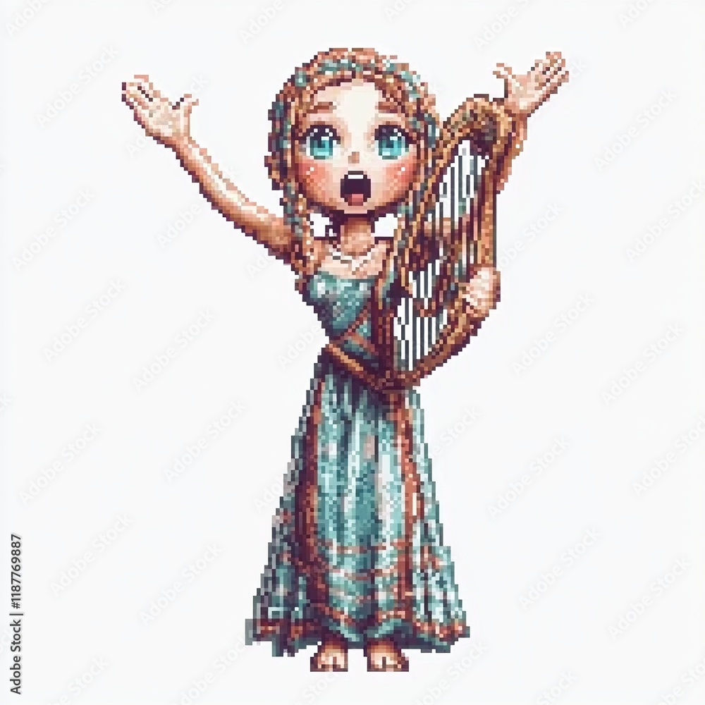 Fototapeta premium Pixel Art Girl Singing with a Harp