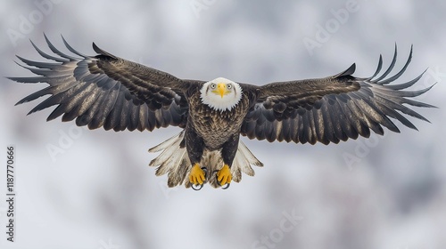 Majestic bald eagle soaring through the snowy sky with outstretched wings