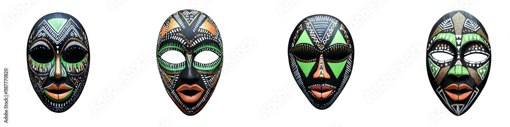 Four masks with green and black designs Four masks with green and black designs