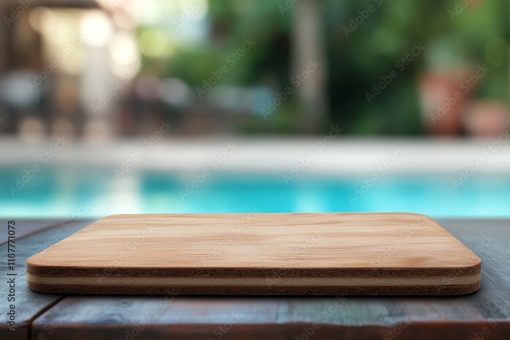 Wooden cutting board poolside, summer background, food display Wooden cutting board poolside, summer background, food display
