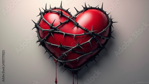 A crimson heart encased in black thorns, with small blood droplets and a soft gray-to-blush gradient background. A visually dramatic yet delicate pattern symbolizing guarded, painful love.
