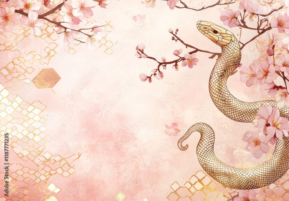 Obraz premium Golden Serpent Among Delicate Pink Cherry Blossoms: A Romantic Watercolor Print