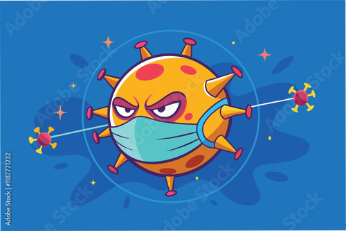 Mask illustration being drawn in strokes, with dynamic animations of hmpv and covid virus particles disappearing hmpv and covid virus Clipart Vector