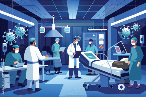 Hospital ICU room with hmpv and covid virus patients, medical equipment, and exhausted doctors, cinematic lighting hmpv and covid virus Clipart Vector