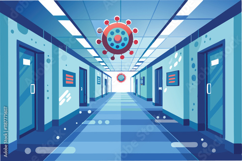 Hospital corridor background with faint hmpv and covid virus icons subtly overlaid, sterile and professional tones hmpv and covid virus Clipart Vector