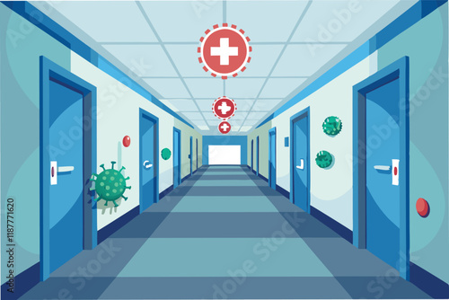 Hospital corridor background with faint hmpv and covid virus icons subtly overlaid, sterile and professional tones hmpv and covid virus Clipart Vector
