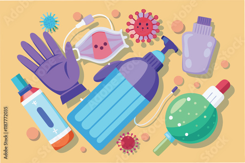 Flat lay design of hmpv and covid virus prevention tools (masks, gloves, sanitizer) on soft gradient background hmpv and covid virus Clipart Vector