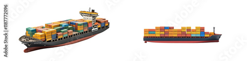 A large cargo ship is shown in two different views